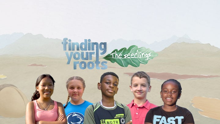 Young students from the Finding Your Roots - The Seedlings education special along with the project logo.